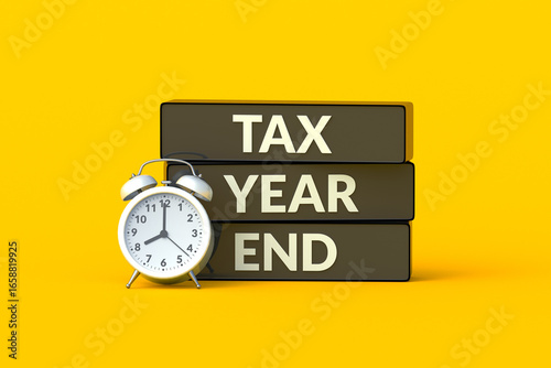 Tax year end words on blocks near alarm clock. Annual payment reminder. Violation of reporting rules. Deadline for filing the report. Countdown to the issuance of a fine. 3d render