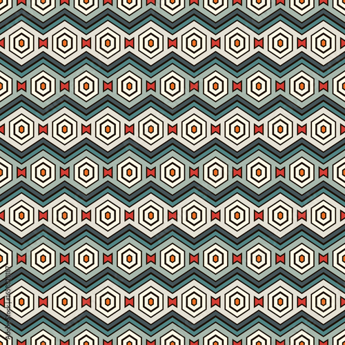 Zigzag seamless pattern. Hexagon mosaic tiles ornament. Ethnic surface print. Repeated geometric figures background. Ornamental wallpaper. Modern geo design digital paper. Vector abstract art