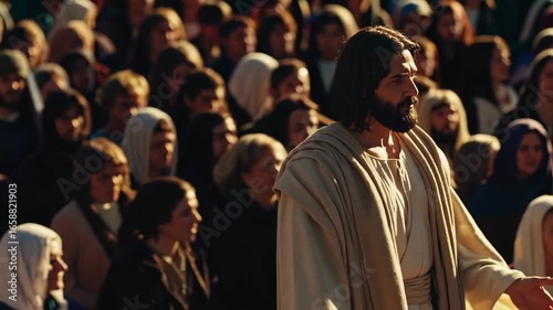 Jesus preaching to a diverse crowd moments before performing a miracle.