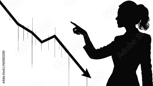 Silhouette Businesswoman Pointing at Descending Trendline Symbolizing Decline