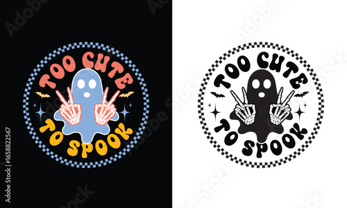 Retro Halloween Ghost Design: Too Cute to Spook, Peace Sign Skeleton Hands, Checkered Border, Vector Illustration.


