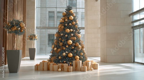 Stunning christmas tree, surrounded by golden ornaments and beautifully wrapped gifts in a stylish interior.