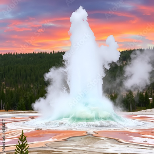 White Dome geyser of Lower Geyser Basin erupting spout of steam, Yellowstone national park, USA