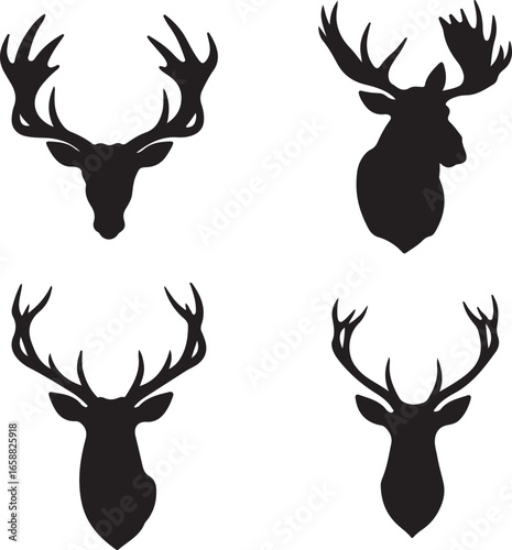 Four Black Silhouette Deer Heads with Antlers on Transparent Background