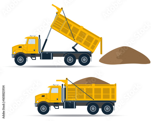 Dump truck with lowered and raised body. Vector illustration in two positions for animation of dump truck body lifting by hydraulic cylinder. Yellow dump truck dumping a pile of sand from the body.