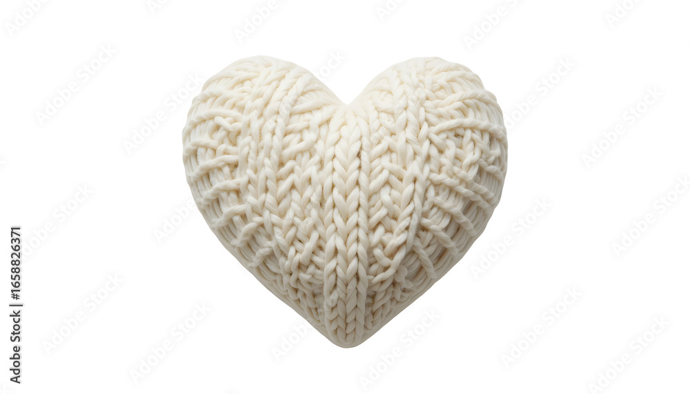 Obraz premium Chunky-knit heart in pearl white on pure white background, soft cozy knitted yarn decor for weddings, modern home styling, handmade gifts, and elegant accents