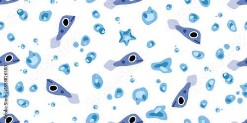 Seamless Cartoon Blue Fish Pattern. Blue cartoon fish with bubbles and starfish in flat style. Seamless marine pattern on white background.