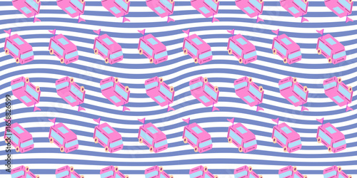 Seamless Pink Cartoon Bus Pattern. Playful pink buses with flags in cartoon flat style. Seamless transport pattern on blue wavy background.