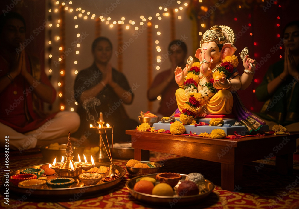 Ganesh Aarti Celebration: Devotees Performing Traditional Puja with Soft Focus on Ganapati Murti and Festive Lights Ganesh Aarti Celebration: Devotees Performing Traditional Puja with Soft Focus on Ganapati Murti and Festive Lights