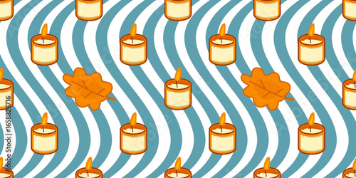 Autumn candles with warm flames and orange leaves on a striped blue background, seamless cozy pattern for seasonal decoration, wrapping, and textile.