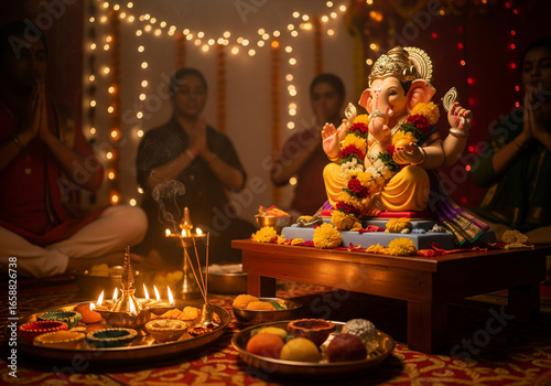 Ganesh Aarti Celebration: Devotees Performing Traditional Puja with Soft Focus on Ganapati Murti and Festive Lights