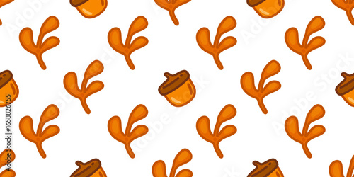 Cartoon acorns with orange twigs in a seamless autumn pattern on white background, ideal for seasonal decor, fabric, and packaging.