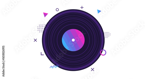 Retro vinyl record is designed in a vibrant gradient vector style as a symbol of music and entertainment