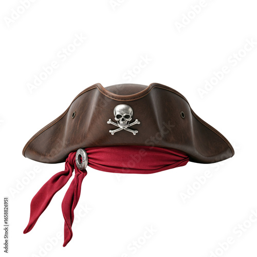 Brown Leather Pirate Hat with Red Bandana and Skull Badge