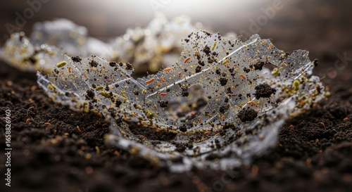 Close-up of biodegradable plastic decomposing in soil