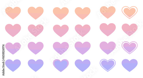 Gradient pastel hearts appear in multiple variations and designs for creative artwork.
