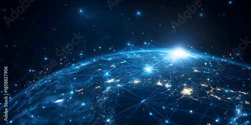 Glowing blue network lines connect Earth at night globe