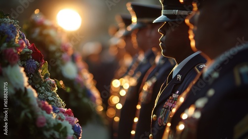 Soldiers stand in formation, honoring fallen comrades with floral tributes as the sun sets