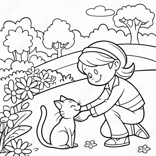 Girl and cat in a beautiful background Coloring Page Vector Illustration black and white 