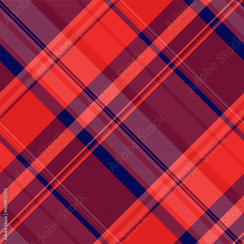 Independence day check background fabric, italian tartan texture pattern. Tracery textile vector plaid seamless in red and blue colors.