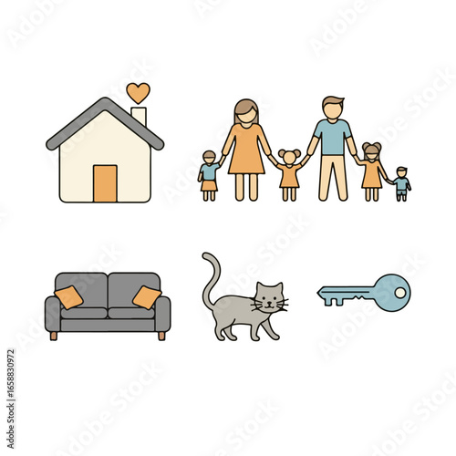  Colorful Icon Set of Family, Home Life, and Real Estate with a Pet Cat