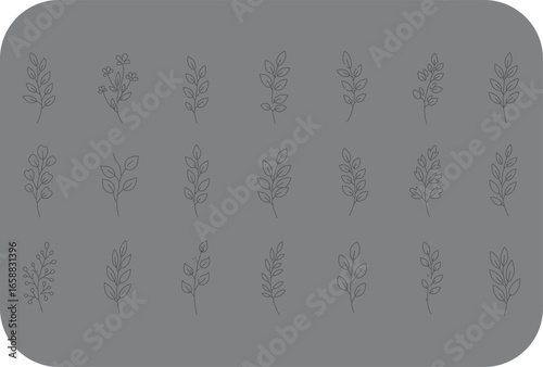 A grid of delicate intricate floral and botanical line drawings in black and white on a muted gray background showcasing diverse plant species