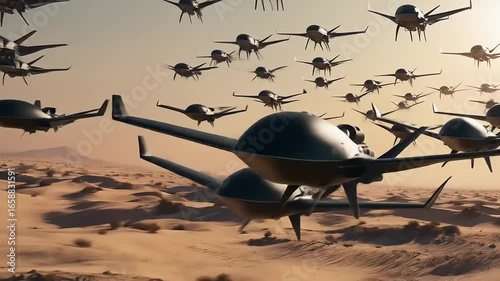 Drone Swarm Desert Sunset Flight.