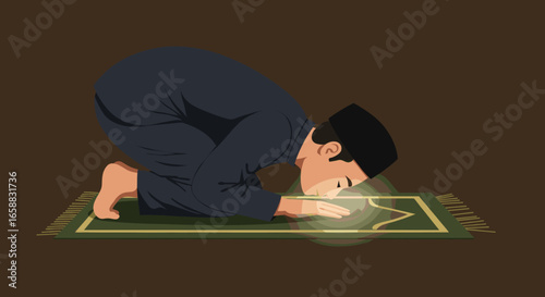 uslim Man Praying in Sujud Position on Prayer Mat