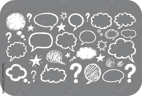 A collection of hand drawn speech bubbles and question marks in various shapes and sizes sketched in white on a grey background