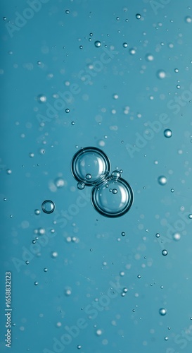 Closeup macro view of two connected air bubbles floating in clear blue liquid with many small bubbles