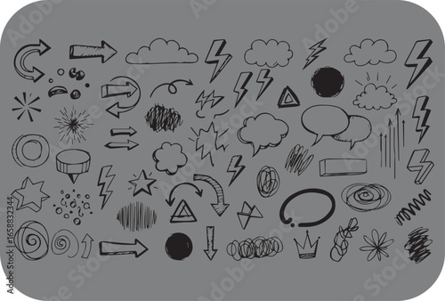 Collection of hand drawn doodle icons featuring arrows clouds lightning bolts speech bubbles and abstract shapes for creative design elements
