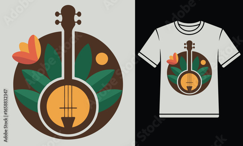 Abstract Banjo and Bloom T-Shirt Design with Geometric Instrument and Floral Elements