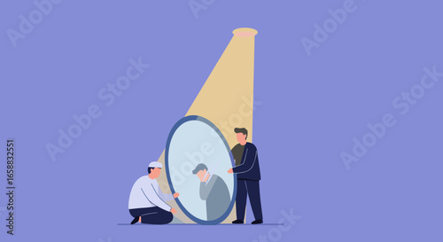 People Holding Mirror with Reflection Under Spotlight