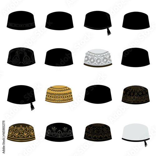 Set of traditional Muslim prayer caps in different styles and colors isolated on plain background.