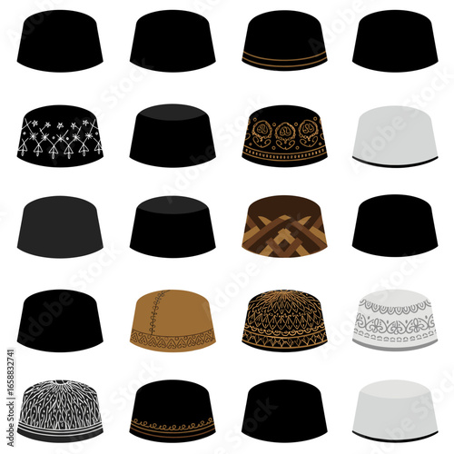 Set of traditional Muslim prayer caps in different styles and colors isolated on plain background.