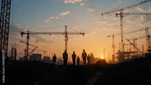 A construction site at sunrise with silhouettes of workers wearing hard. 4k video