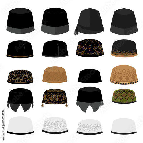 Set of traditional Muslim prayer caps in different styles and colors isolated on plain background.