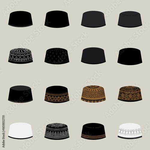 Set of traditional Muslim prayer caps in different styles and colors isolated on plain background.