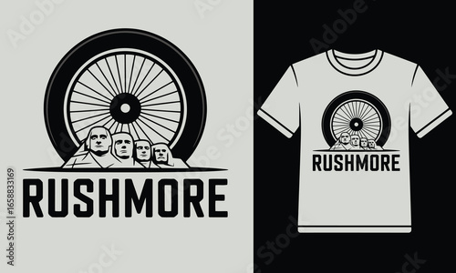 Mount Rushmore Bicycle Wheel T-Shirt Design for Cycling Enthusiasts on Gray Background