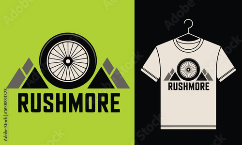 Rushmore Mountain Bike Adventure T-Shirt Design with Tire and Peaks for Outdoor Enthusiasts