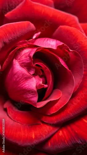 Close up of a vibrant red rose in full bloom showcasing delicate petals and intricate patterns