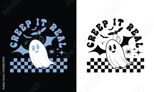 Retro Halloween design Cute ghost with skeleton hands, Too Cute To Spook