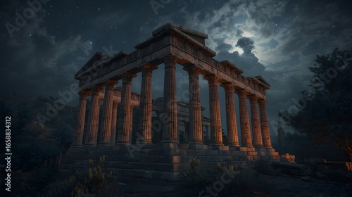 Ancient Greek Parthenon illuminated at night with moon