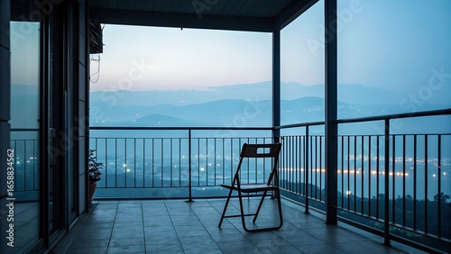 A solitary chair on a balcony offers a breathtaking view of the city lights and distant mountains at twilight