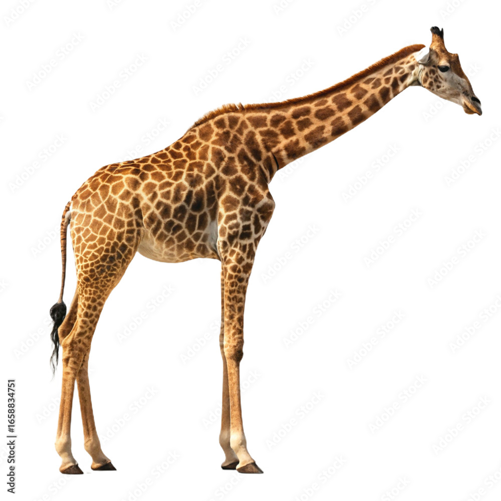 Naklejka premium Majestic african giraffe standing in profile against a pure black background