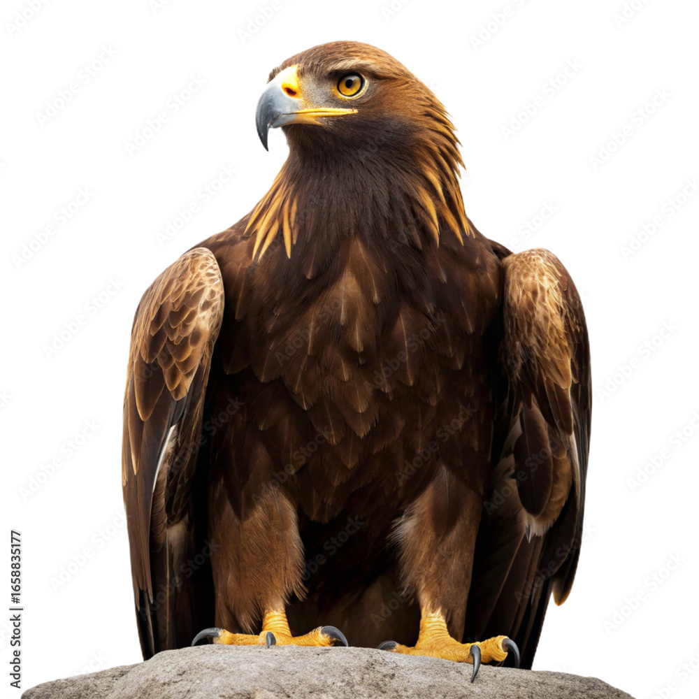 Obraz premium Majestic golden eagle perched on a rock against a dark background