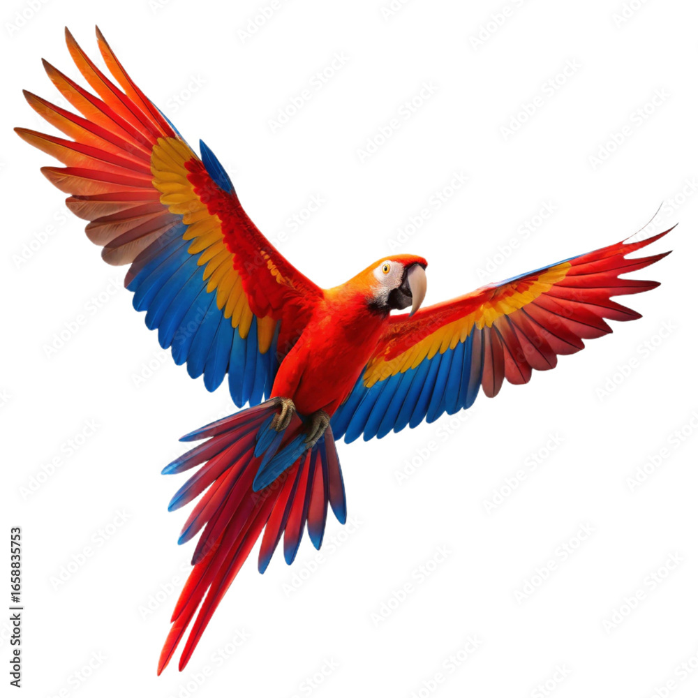 Fototapeta premium Majestic scarlet macaw soaring in flight with vibrant wings spread wide