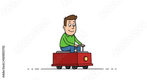Man in a red cart with wheels and a yellow headlight