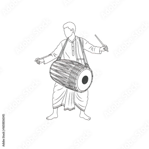 Energetic Dhaki Playing Dhak Drum During Durga Puja. Vector Illustration. 