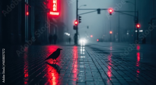 Lone crow on wet street reflecting red traffic lights